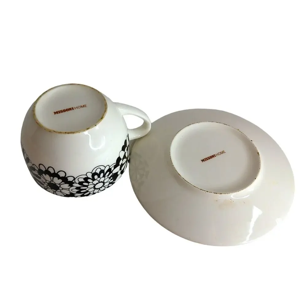Missoni Home Bianco Nero Cup Saucer & Lid Set Black White Floral Italy RARE 2006